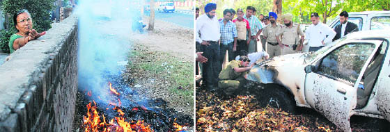 A woman in Sector 30, Chandigarh, sets leaves on fire and then asks the photographer not take the picture. Later, she poured water on the fire to douse it; and (right) a car that caught fire due to the burning of leaves in Sector 17, Chandigarh, on Wednesday.