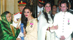 (Left) President Pratibha Patil confers the Padma Shri on Rekha at Rashtrapati Bhavan in New Delhi on Wednesday. (Right) Actors Saif Ali Khan and Kareena Kapoor after the award ceremony. 