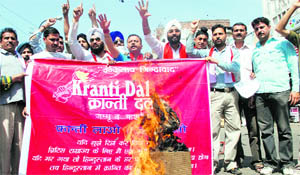 Members of the Kranti Dal demonstrate in support of their demands in Jammu on Wednesday.