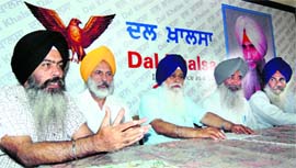 Kanwar Pal Singh (left), secretary-general, Dal Khalsa, addresses mediapersons in Amritsar on Wednesday. 