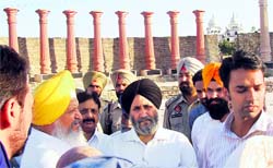 Tourism and jail minister Hira Singh Gabria (in yellow turban) at the theme park in Chamkaur Sahib on Wednesday. A Tribune photograph 