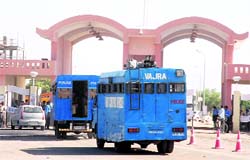 Anti-riot vehicles enter the main gate of Guru Gobind Singh Refinery at Phulokhari (Bathinda) on Wednesday. A Tribune photograph