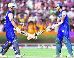 Michael Lumb and Naman Ojha during their match against Kings XI in Jaipur on Wednesday.  PTI