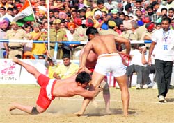 A match in progress at Gurdaspur on Wednesday. Tribune photo: Malkiat Singh 