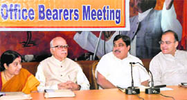 (From left) BJP leaders Sushma Swaraj, LK Advani, Nitin Gadkari and Arun Jaitley at a meeting in New Delhi on Thursday. 