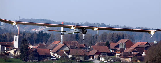 German test pilot Markus Scherdel, steers the solar-powered Solar Impulse HB-SIA prototype airplane during his first flight over Payerne April 7, 2010.