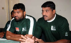 Captain of the Pakistan Kabaddi team Imtiaz Alam (right) interacts with the media in Bathinda on Friday.