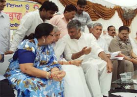 Sunil Jakhar, Congress MLA, sitting beside the state health minister, Laxmi Kant Chawla, at a function organised in Abohar on Saturday during the foundation stone laying ceremony of the new building of the civil hospital