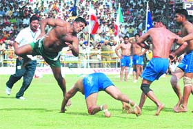 The semi-final match of the World Cup Kabaddi-2010 between Pakistan and Italy in progress at the Sports Stadium in Bathinda