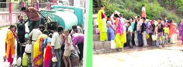 Residents of Pitthoragarh queue up to get water from a tanker and a water source.