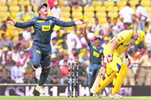 Gilchrist celebrates the dismissal of Mathew Hayden off Harmeet Singhs bowling on Saturday.