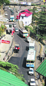 A view of traffic jam at the NH-22 due to tarring of the road in Shimla on Sunday.