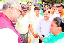 Former Chief Minister of Rajasthan Vasundhara Raje with party workers in Haridwar on Monday. A Tribune photograph