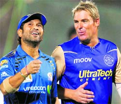 Sachin Tendulkar and Shane Warne in Jaipur on Sunday.  PTI