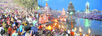 Devotees pour into Haridwar for Baisakhi and the Pramukh Shahi Snan and (right) aarti being performed at Har-ki-Pauri on the occasion of Baisakhi.