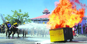 A demonstration-exercise put up by a team of the fire department on the inauguration of the Fire Brigade service week from April 14 to 16 at Shimla on Wednesday.