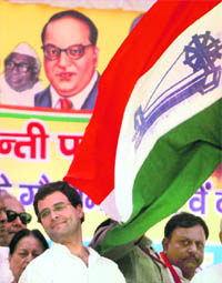AICC general secretary Rahul Gandhi gestures during the inauguration of Congress Yatra 2010 on the occasion of Bhimrao Ambedkar Jayanti, in Akbarpur, Uttar Pradesh, on Wednesday.