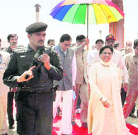 BSP president and Uttar Pradesh Chief Minister Mayawati arrives at Ambedkar Samajik Parivartan Sthal to pay tributes to BR Ambedkar on his 119th birth anniversary, in Lucknow on Wednesday.