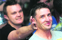 Chennai Super Kings players Bollinger and Michael Hussey at the IPL Nights after party in Chennai on Tuesday.