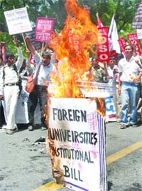 Members of the All India Democratic Students Organisation protest against the Foreign Education Provider Bill and National Commission for Higher Education and Research (NCHER) Bill in New Delhi