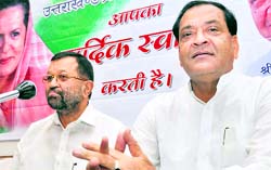 Yashpal Arya, President of Uttarakhand Congress, addresses a press conference in Dehradun on Thursday. A Tribune photograph