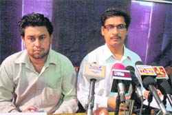 Members of the Peoples Revolutionary Movement address mediapersons in Jammu on Thursday. 