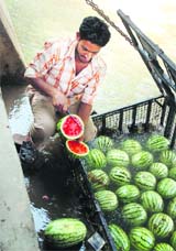  A vendor sells watermelons in Jammu on Thursday.