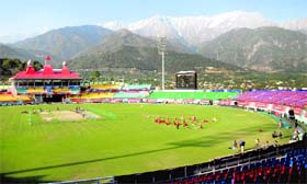 An aerial view of the Kings XI Punjab players training at the stadium in Dharamsala. Tribune photo: Pradeep Tewari