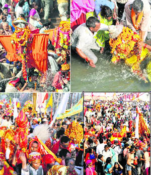 1) Devotees carry deities from Kumaon and Garhwal regions for a holy dip to Har-ki-Pauri; 2 & 3) The deities being immersed in the Ganga; 4) The heavy rush at Har-ki-Pauri in Haridwar on Friday. 