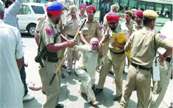 Policemen drag an agitating activist at Chandigarh Chowk in Nawanshahr on Friday. Photo: Parmod Bharti 