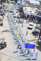 Students of Akal Academies take out an anti-drug awareness rally in Ludhiana on Saturday.