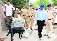 Police and bomb squad personnel during a search operation at the market of Sector 22, Chandigarh, on Sunday.