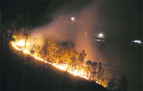 A fire rages in Kuftadhar forest on the outskirts of Shimla on Saturday. 