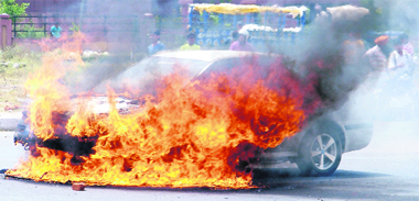 The Skoda car that caught fire at Sector 66, Mohali, on Monday. A short-circuit was believed to be the reason behind the fire. The car driver had a miraculous escape.
