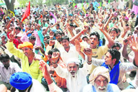  on Monday.The demands include an increase in their minimum wages, implementation of labour laws at brick kilns and group insurance. A Tribune photograph
