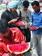 People binge upon watermelons to get some relief from the searing heat in Bathinda on Tuesday. Tribune photo: Pawan Sharma