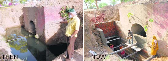 Site of standing stinking water of N-Choe flowing through Bougainvilla garden, Sector 3 (left) on April 6, 2010 being repaired on Tuesday
