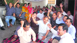 BSNL workers protest in Dehradun on Tuesday.