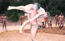 Wrestlers in action at the akhara in Chandigarh. 