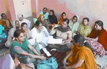 A meeting of the Anganwari Mulazim Union underway at the Teachers Home in Bathinda on Monday.