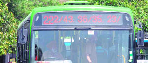 New low-floor green buses under the JNNURM scheme, with the ticker running on the windscreen.