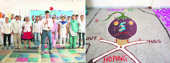 Students perform during the Biotech Fest at Chaudhary Devi Lal University in Sirsa; and (right) A rangoli on Bt Brinjal prepared by the students during the fest.