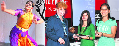 Bharatnatyam exponent Padma Shri Geeta Chandran performs at a cultural concert at the Ansal Institute of Technology (AIT) in Gurgaon; and (right) Violeta Talandis, vice-consul at the US Embassy in New Delhi, presents academic awards to two girl students on the AIT campus in Gurgaon.