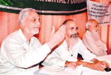 Magsaysay awardee MC Mehta, Swami Shivanand, Dr Gurudas Aggarwal at a Ganga conservation workshop in Haridwar on Friday. 