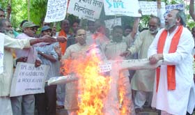 Activists of the Rashtravadi Shiv Sena burn effigies of Indian Premier League (IPL) chief Lalit Modi and minister of agriculture Sharad Pawar during their demonstration against the alleged corruption in the cricket tournament, in New Delhi