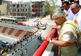 Chief Minister of Delhi Sheila Dikshit with PWD minister Rajkumar Chauhan and industry minister Mangat Ram Singhal at the inauguration of Azadpur grade separator in New Delhi
