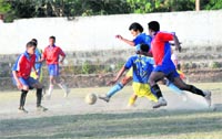 A match of the RB Singh Memorial Football Tournament in progress in Dehradun 