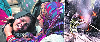 Women wail over the death of a person who was shot dead by the Army in Shopian on Saturday; and (right) a boy vents his anger at a burning Army vehicle.