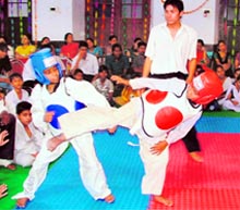 Players in action during a match at Arya Senior Secondary School in Ludhiana on Saturday. A Tribune photograph
