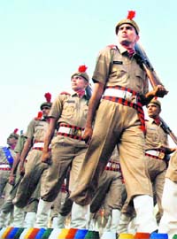 Recruits take part in a passing-out parade in Bhondsi in Gurgaon